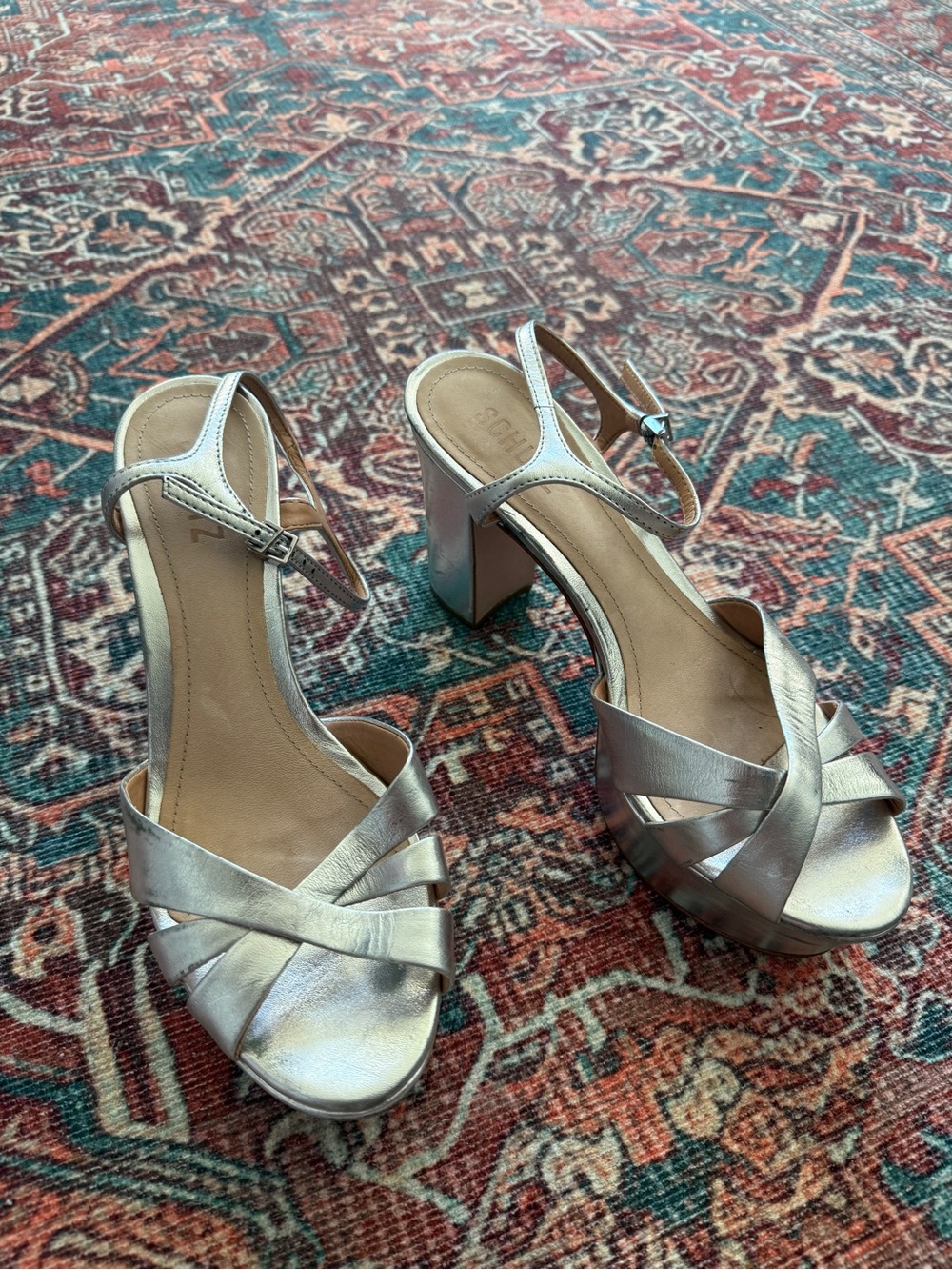 Schutz Metallic Silver Women's Block Heel Sandals